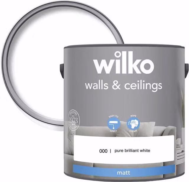 wilko Walls and Ceilings Matt Emulsion Paint, Pure Brilliant White, 2.5 l