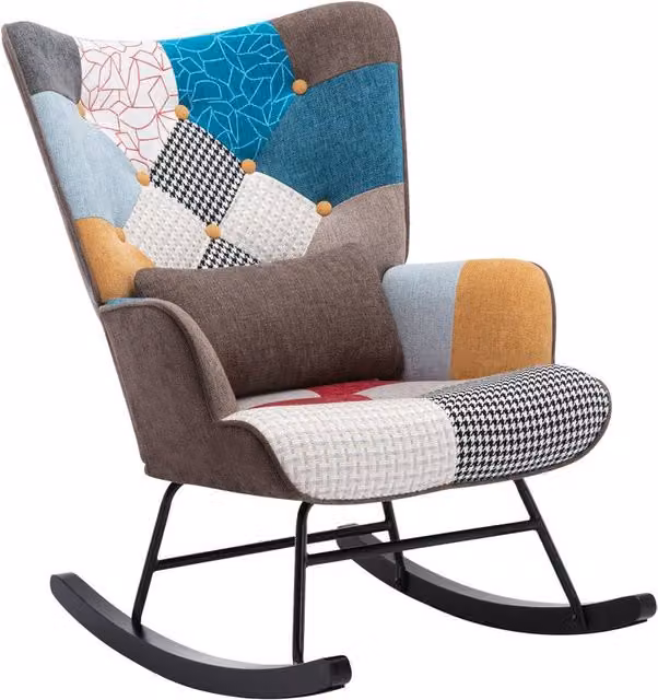 HomeMiYN Patchwork Rocking Chair with Brown Cushion and Vintage Multicolour Fabric Design – 1