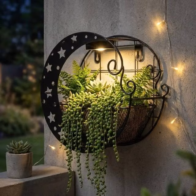 Garden Greatness Solar Crescent Floating Wall Planter with LED Light, Black and Multicolour, W/D/H: 40 x 25 x 40 cm – 1