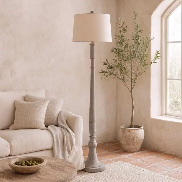 Wyld Haus Piana Slim Floor Lamp in Natural Wood Effect with Beige Linen Shade, Height: 140 cm