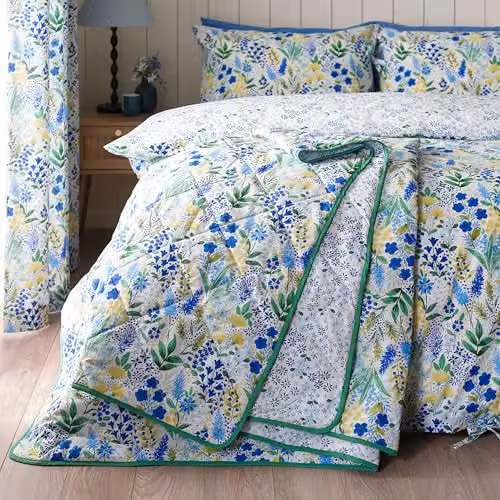 Catherine Lansfield Tilly Floral Reversible Quilted Bedspread, Blue, W: 220 cm, D: 230 cm – 1