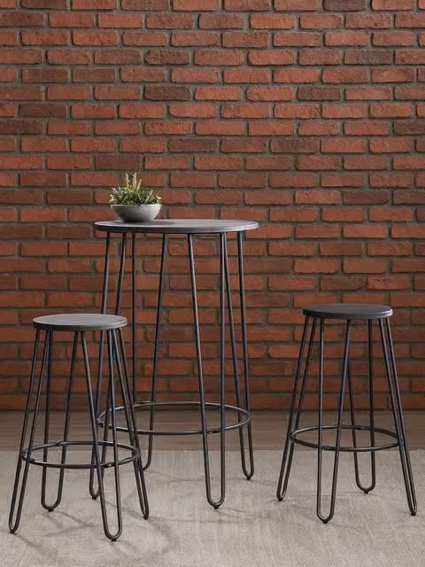 Orsina Modern Round Bar Table and 3 Stools Set in Black and Brown Wood and Metal – 1