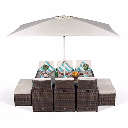 Giardino Rattan Cube Garden Dining Set in Brown with Table, Chairs, 4 Stools, Parasol and Cover, W/D/H: 182 x 120 x 74 cm