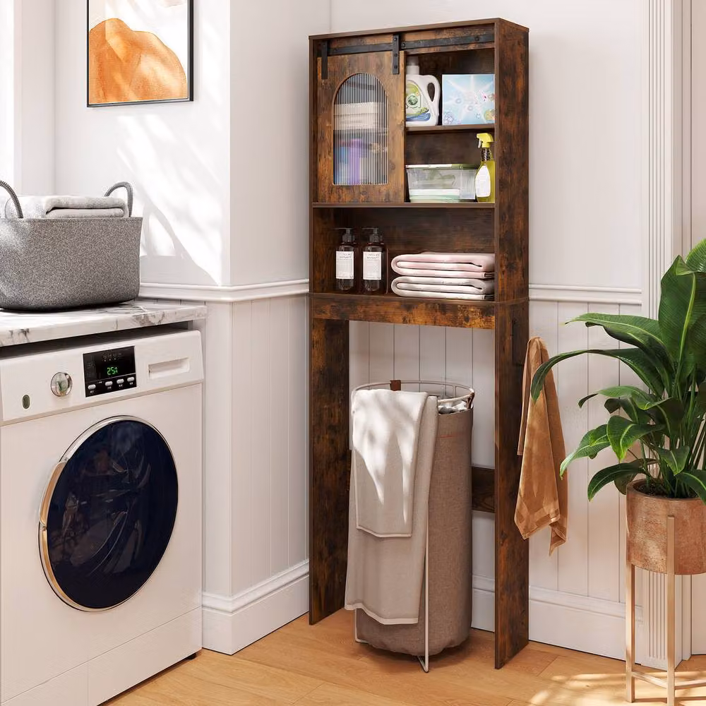 Costway Over Toilet Storage Cabinet Bathroom Organiser with Toilet Paper Holder in Brown – 4