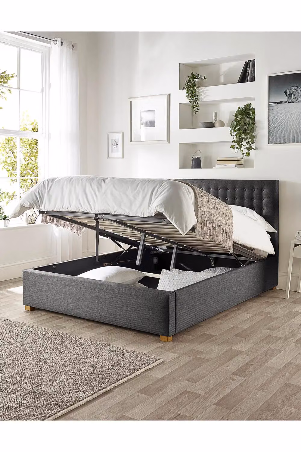 Catherine Lansfield Opulence Ottoman Storage Bed in Anthracite Saxon Twill Fabric, W/D/H: 140 x 200 cm – 2