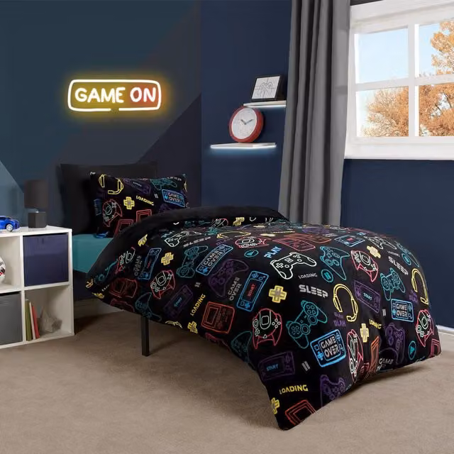 OHS Gaming Fleece Duvet Cover Set for Adults, Black and Multicolour, Polyester