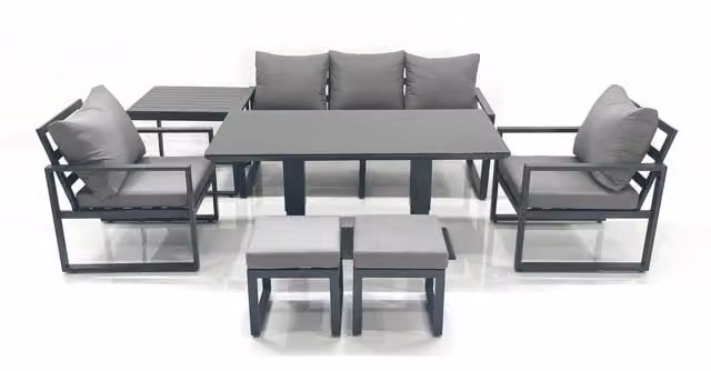 Fimous Outdoor Aluminium Garden Furniture Set in Dark Grey with Adjustable Rising Lifting Dining Table, 3 Seater Sofa, 2 Chairs, 2 Small Footstools and Side Table