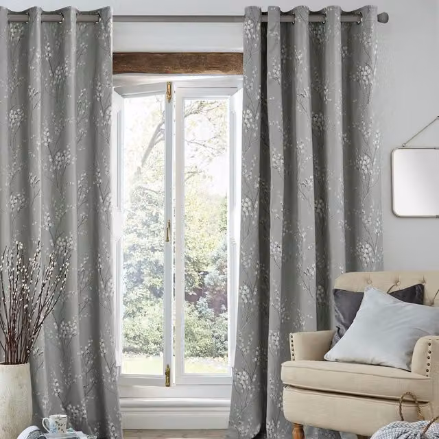 Laura Ashley Pussy Willow Floral Ready Made Eyelet Curtains in Grey
