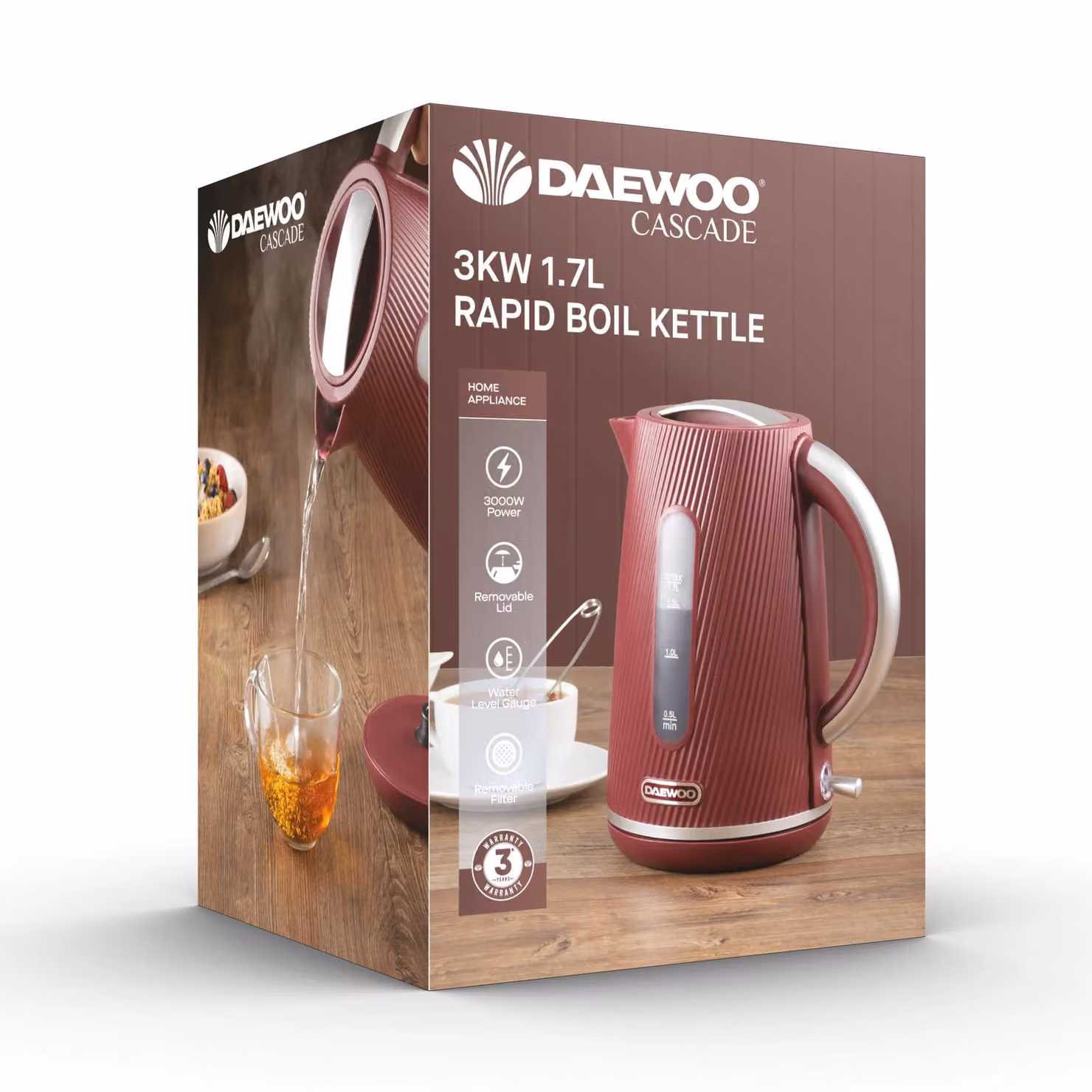 Daewoo Cascade 3000W Fast Boil Electric Kettle in Matt Dark Red – 3