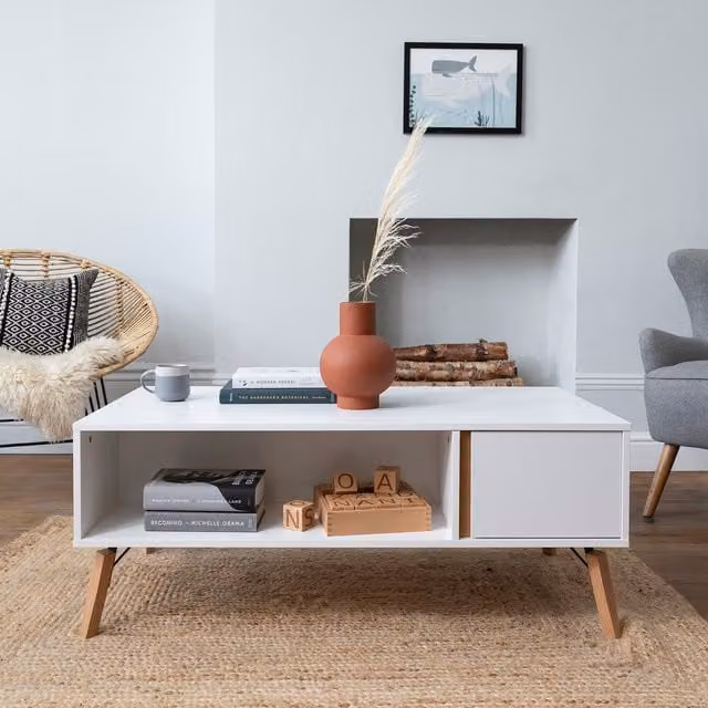 Otto Rectangular Coffee Table in White with Retro Pine Legs