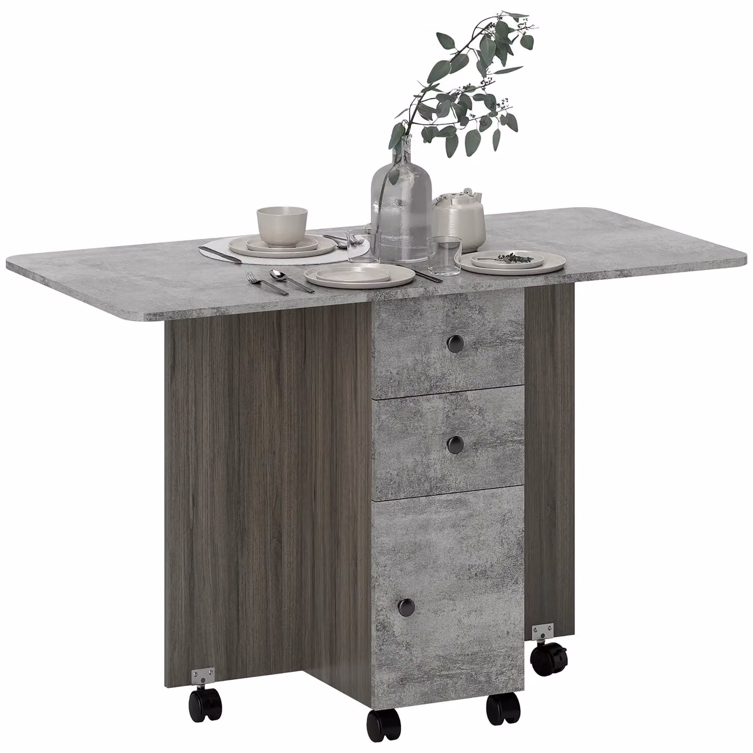HOMCOM Folding Drop Leaf Dining Table with Storage Drawers and Castors in Grey – 2