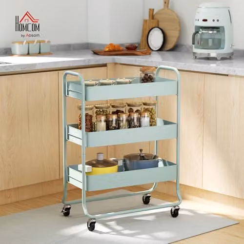HOMCOM 3-Tier Metal Storage Trolley with Mesh Baskets and Wheels, Green, W: 34.0 cm, D: 64.5 cm, H: 87.0 cm – 2