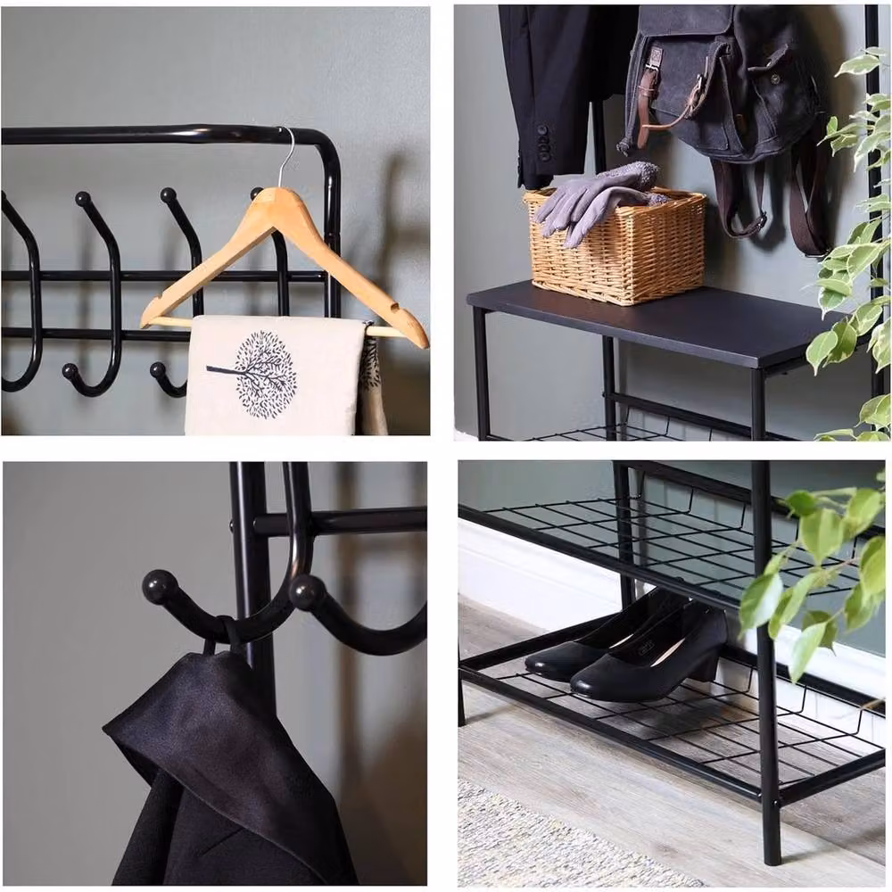 FORGEVIO Matt Black Metal Hall Tree with Bench and Dual Hook and Rail Matrix – 3