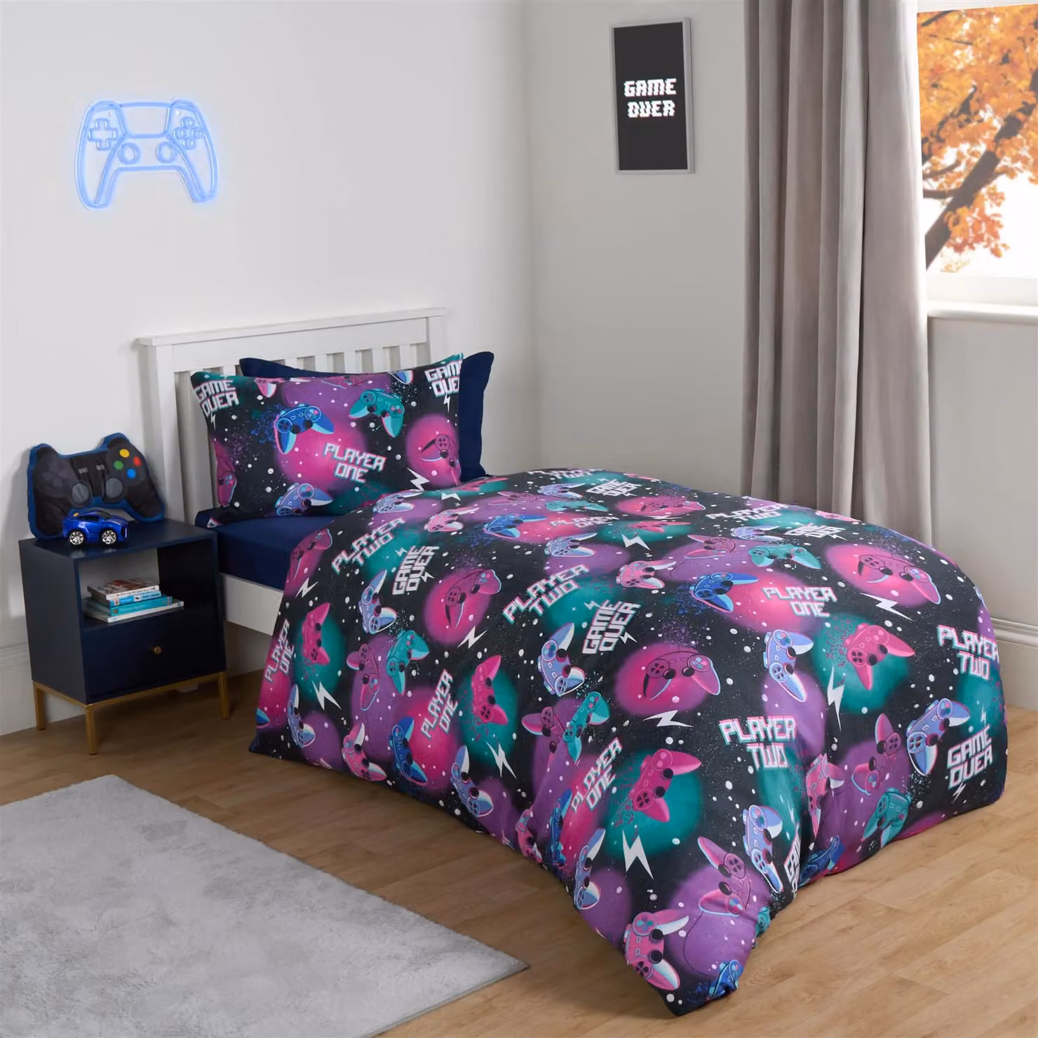 OHS Neon Reversible Gaming Duvet Cover and Quilt Bedding Set for Kids in Black, Blue, Pink and White, Size: Single (90 x 200 cm) – 2