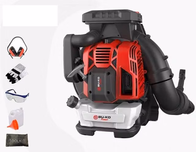 BU-KO 79cc Petrol Leaf Blower with 2-Stroke Engine and Lightweight Backpack in Red/Black