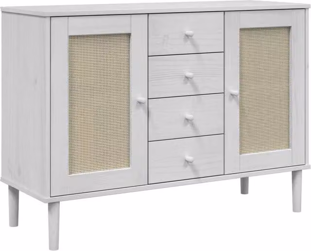 Berkfield Home SENJA Sideboard in White Rattan Look Solid Pine Wood, W/D/H: 112 x 40 x 80 cm