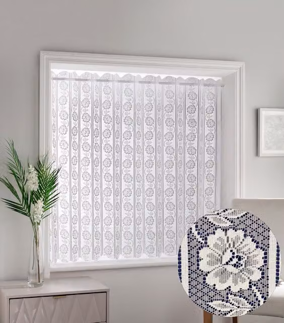 Tyrone Textiles Milan White Floral Patterned Vertical Window Blind with Pleated Lace Panel, Width: 91 cm, Height: 183 cm