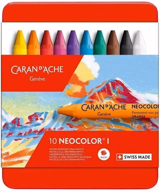 Caran d'Ache Neocolor I Water-Soluble Wax Pastels, 10 Assorted Colours