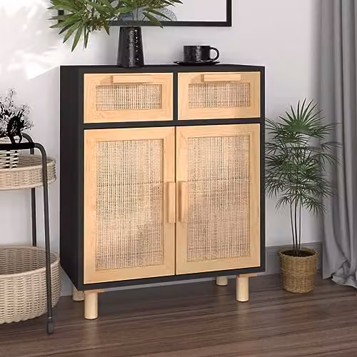 vidaXL Black Sideboard in Solid Pine Wood and Natural Rattan, W/D/H: 60 x 30 x 75 cm – 2