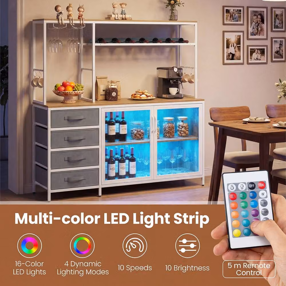 Costway Modern Wine and Coffee Bar Cabinet with Integrated LED Lights and Glass Doors in Sand, Beige or White, H: 137.0 cm, W: 141.0 cm – 3
