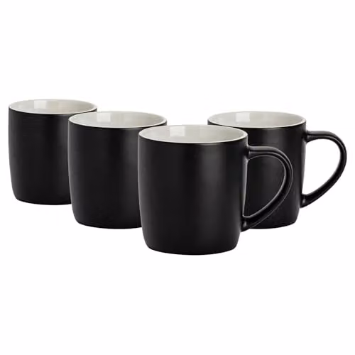 Argon Tableware Matte Black Ceramic Stoneware Coffee Mugs, 350ml, Pack of 4