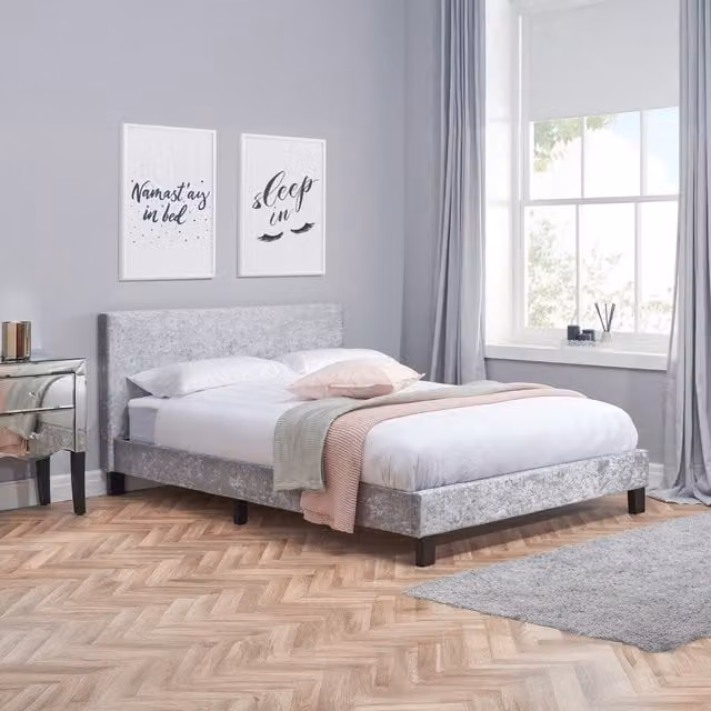 Birlea Berlin King Size Upholstered Bed in Grey Crushed Velvet, W/D/H: 180 x 200 cm