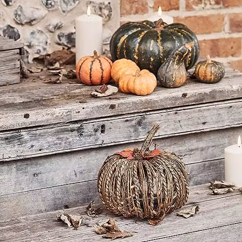 Lights4fun Rattan LED Pumpkin Autumn and Halloween Decoration, White and Brown, Battery Operated with Timer for Indoor and Outdoor Use – 2