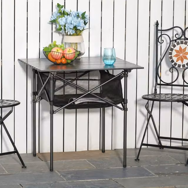 Outsunny Aluminium Roll-Top Table with Mesh Bag, Black