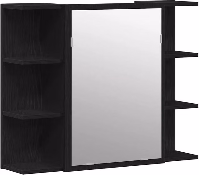Berkfield Home Compact Black Oak Solid Wood Bathroom Mirror Cabinet with Hinged Doors and Open Shelf – 1