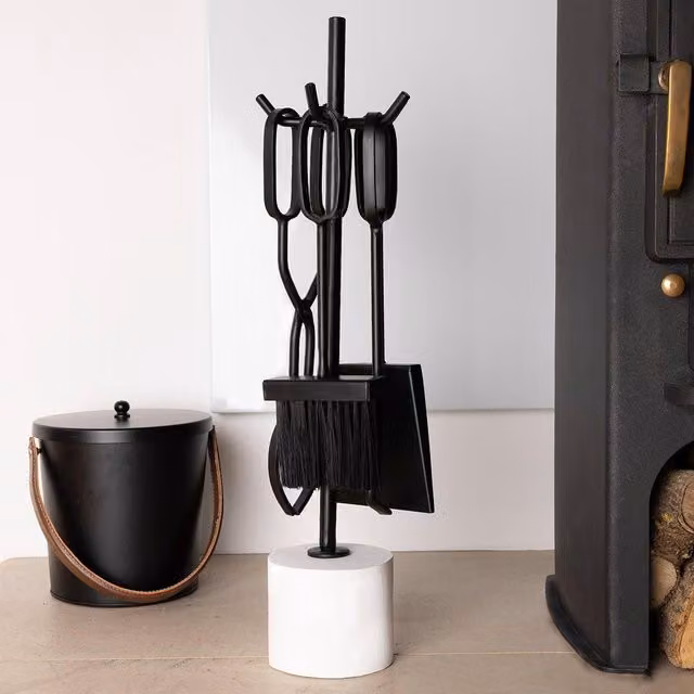 Charles Bentley Birch Fireside Companion Set with Freestanding Metal Stand in Black
