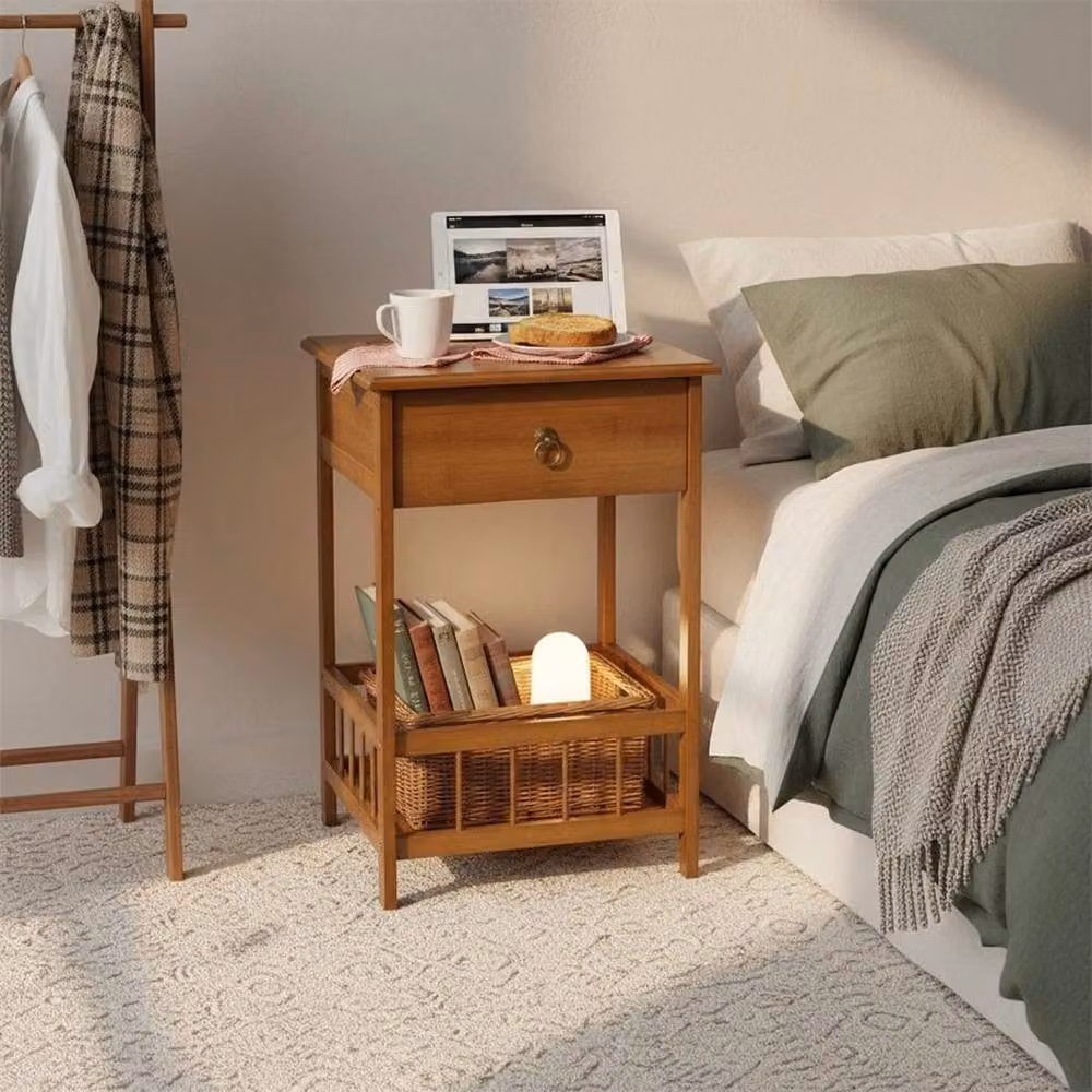 KORVIXA Small Bamboo Bedside Drawer Cabinet End Table in Brown – 3