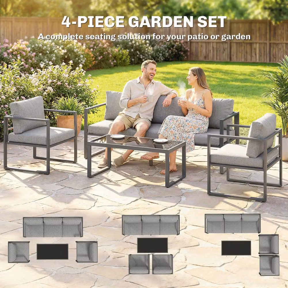 OUTSUNNY Modern Upholstered Patio Furniture Set with Powder Coated Aluminium Frame in Grey – 4