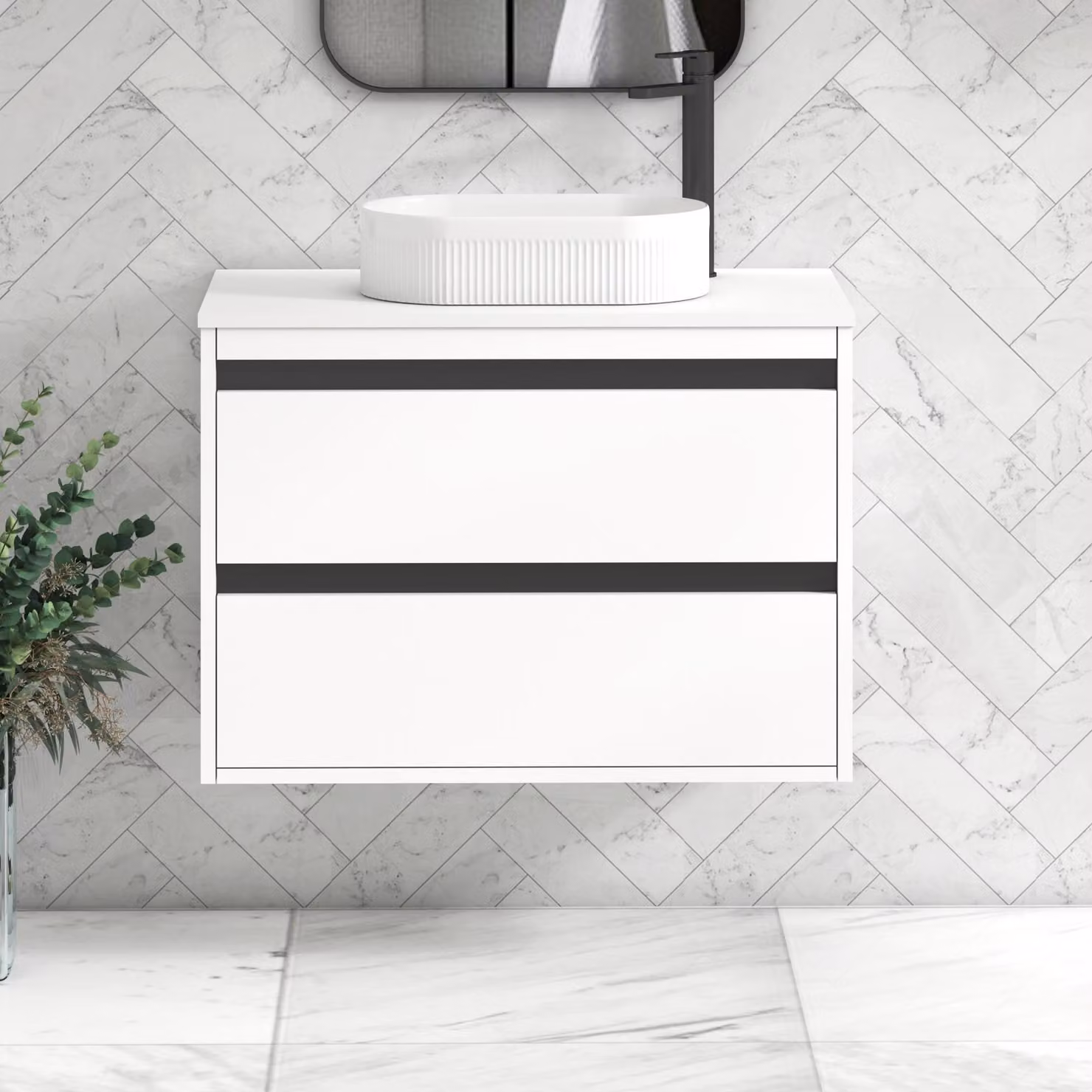 Royal Bathrooms Orion 800mm Matt White Wall Hung 2 Drawer Vanity Unit with Lyon Basin and Black Accent Trim