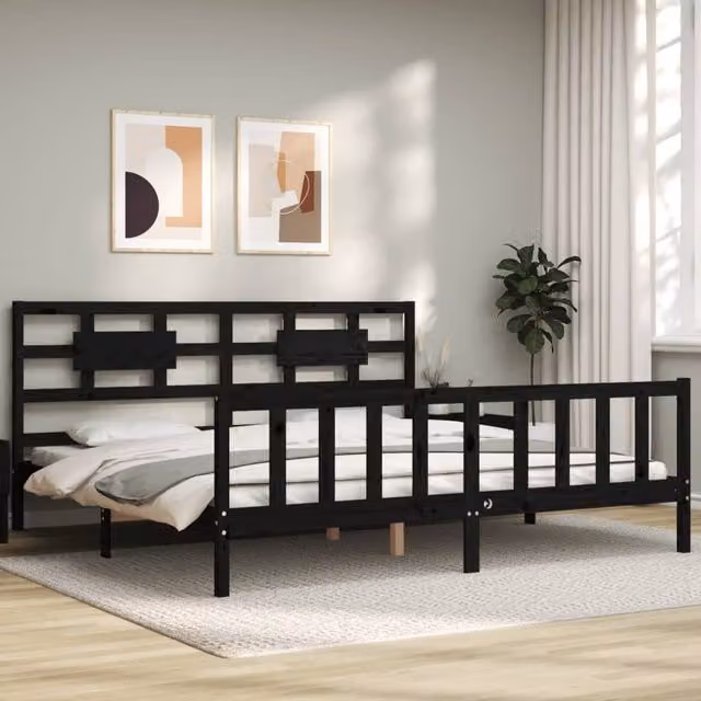 Berkfield Home Solid Wood Pine Bed Frame with Headboard in Black, 200 x 200 cm