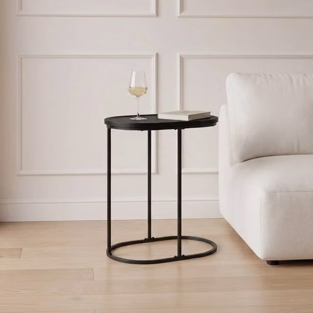 OHS Modern Oval C-Shaped Coffee Table and Sofa Desk in Black Wood Effect