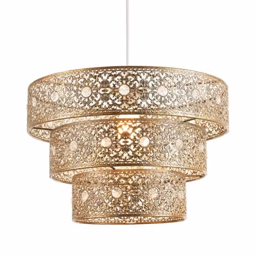 Happy Homewares Moroccan Style Triple Tier Ornate Pendant Light Shade in Polished Gold with Transparent Sparkly Beads, Diameter: 30 cm