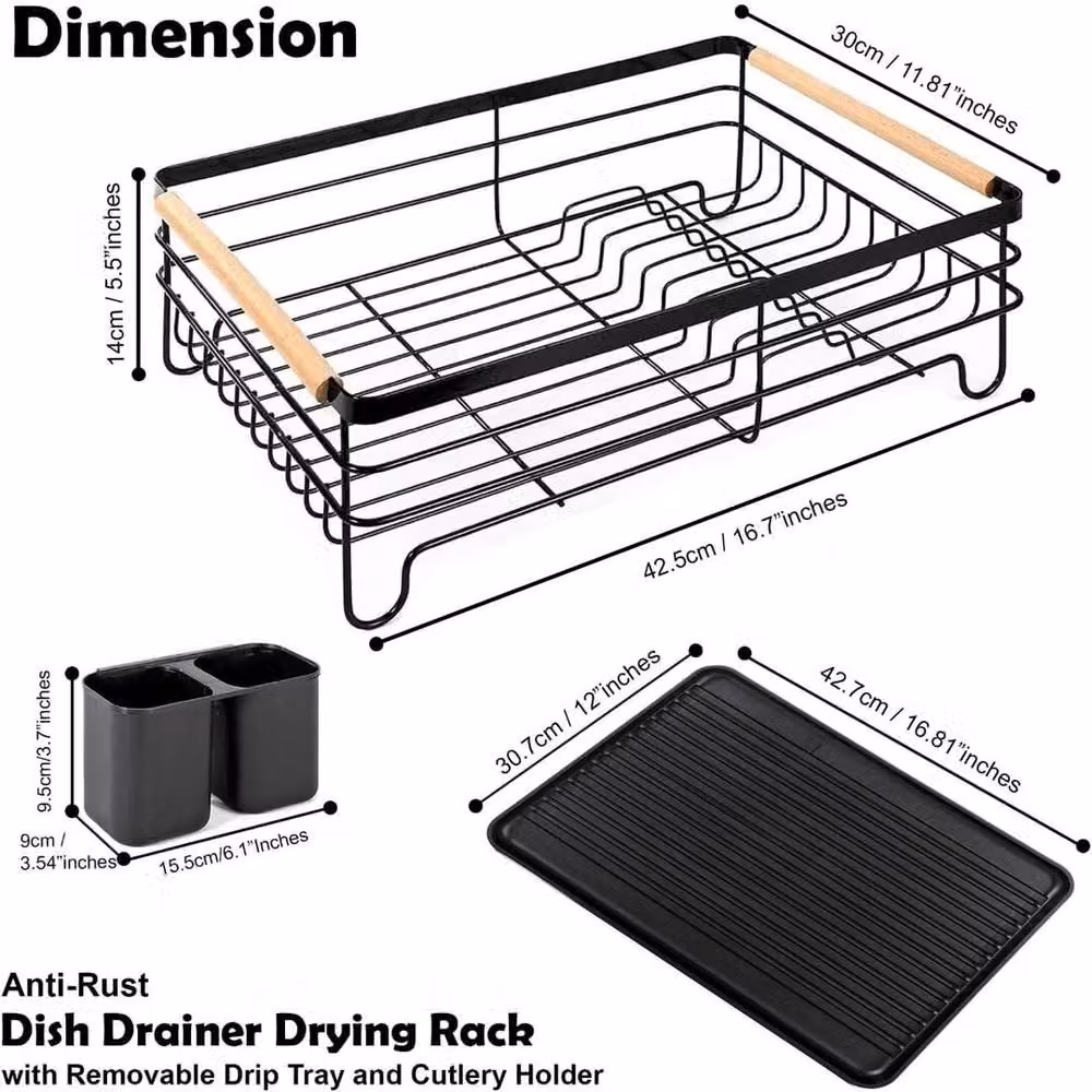 ATEK 1 Tier Black Steel Kitchen Dish Drainer Rack with Wooden Handle, Cutlery Holder and Drip Tray – 2