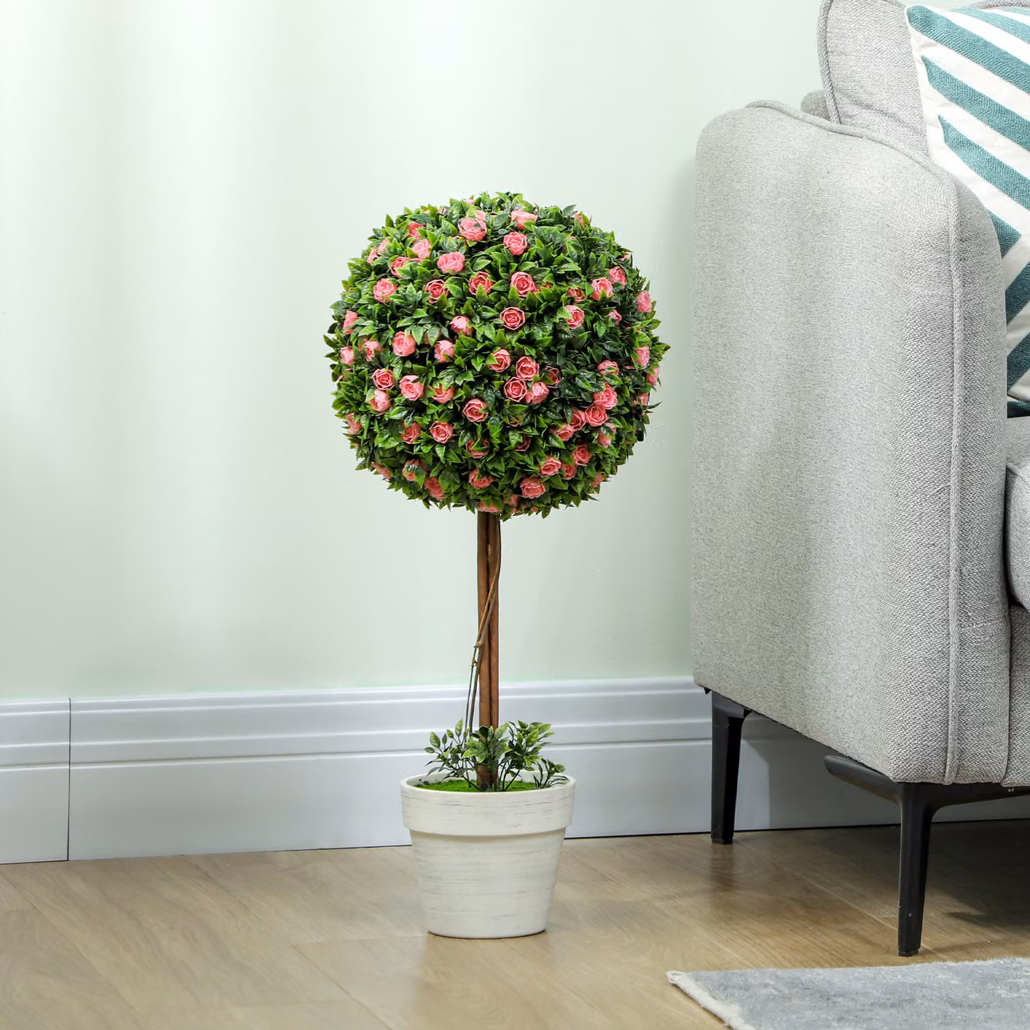 HOMCOM Set of 2 Pink Artificial Rose Ball Topiary Trees for Indoor and Outdoor Decor, Height: 60 cm – 6