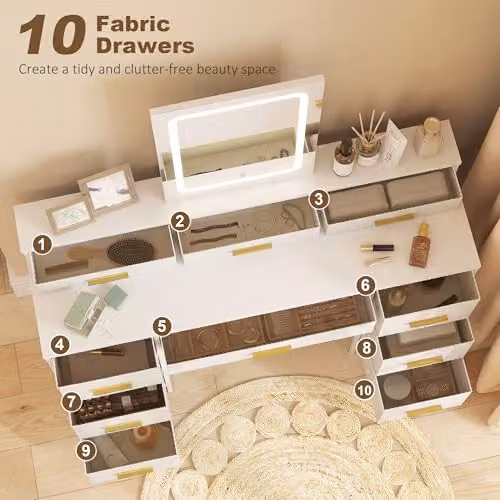 HOMCOM Hollywood LED Dressing Table in White and Gold, W: 140 cm, D: 39.5 cm, H: 118.5 cm – 2