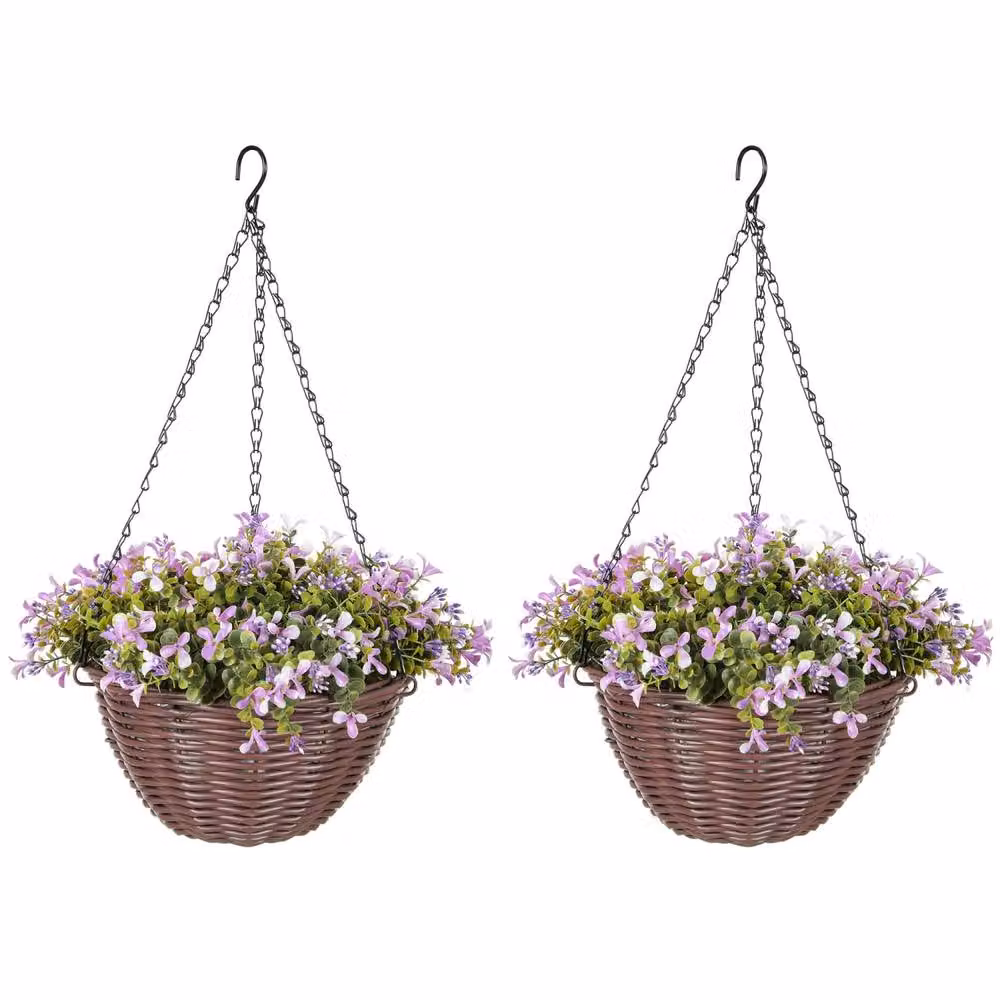 Wyld Haus Fito Set of 2 Purple and Green Artificial Hanging Flower Baskets with Mixed Leaves – 2
