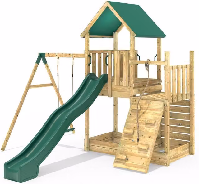 Rebo Wooden Climbing Frame with Play Tower, Slide and Single Ramp, Brown and Multicolour