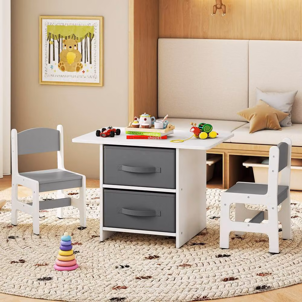 Gymax Kids Table and 2 Chairs Set with Fabric Storage Bins in White – 4