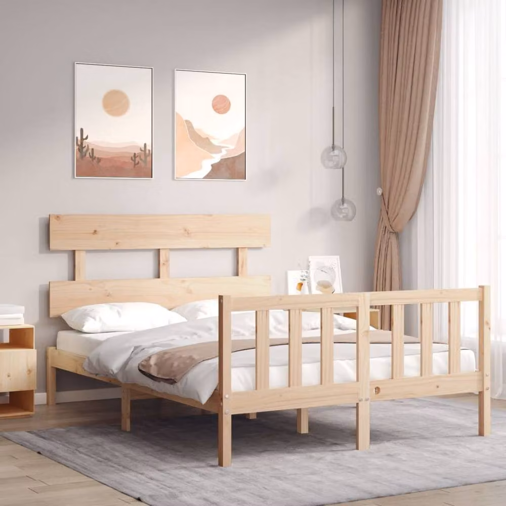 Berkfield Home Beautiful Bed Frame with Headboard in Natural Solid Pine, W/D/H: 140 x 190 x 81 cm – 1