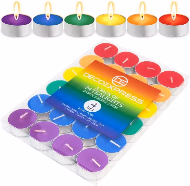 Deco Express Unscented Rainbow Multicolour Tealight Candles, Pack of 24