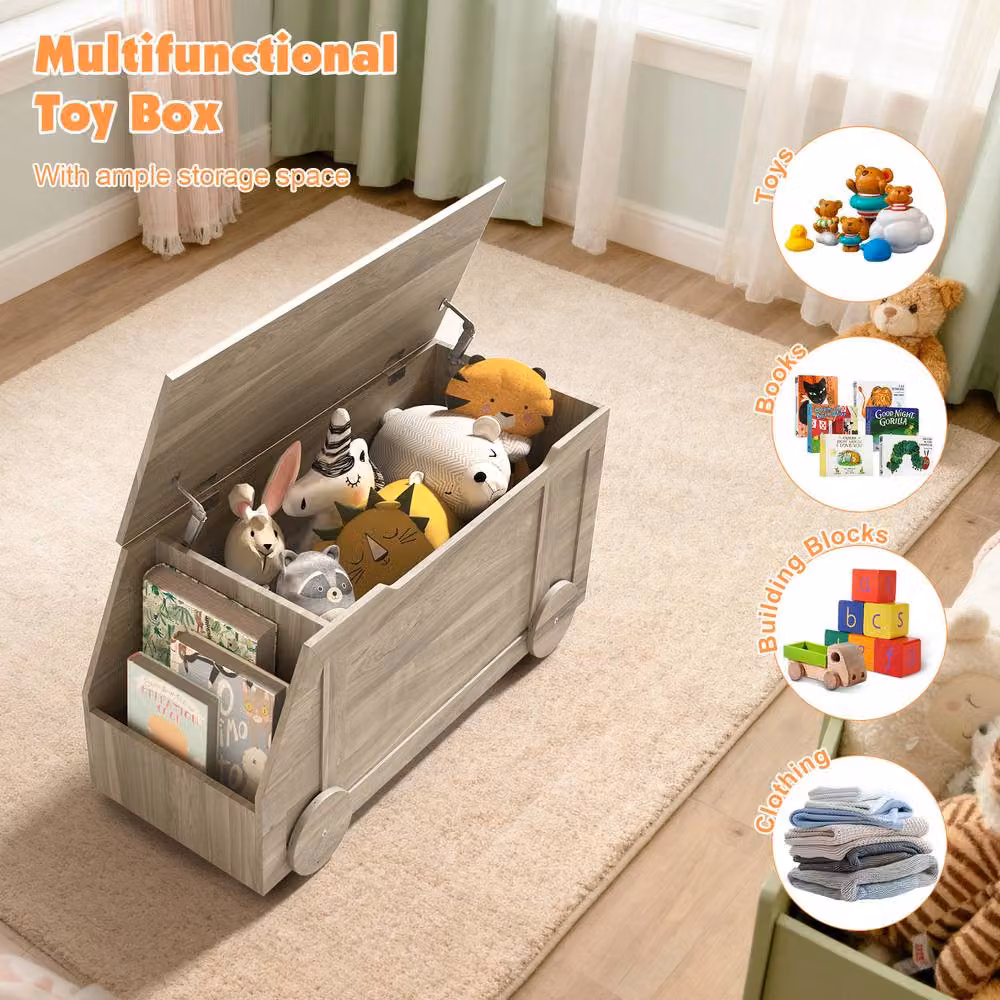 KEEPREAPER Stylish Wooden Toy Storage Box with Lid and Safety Hinges in Grey – 2