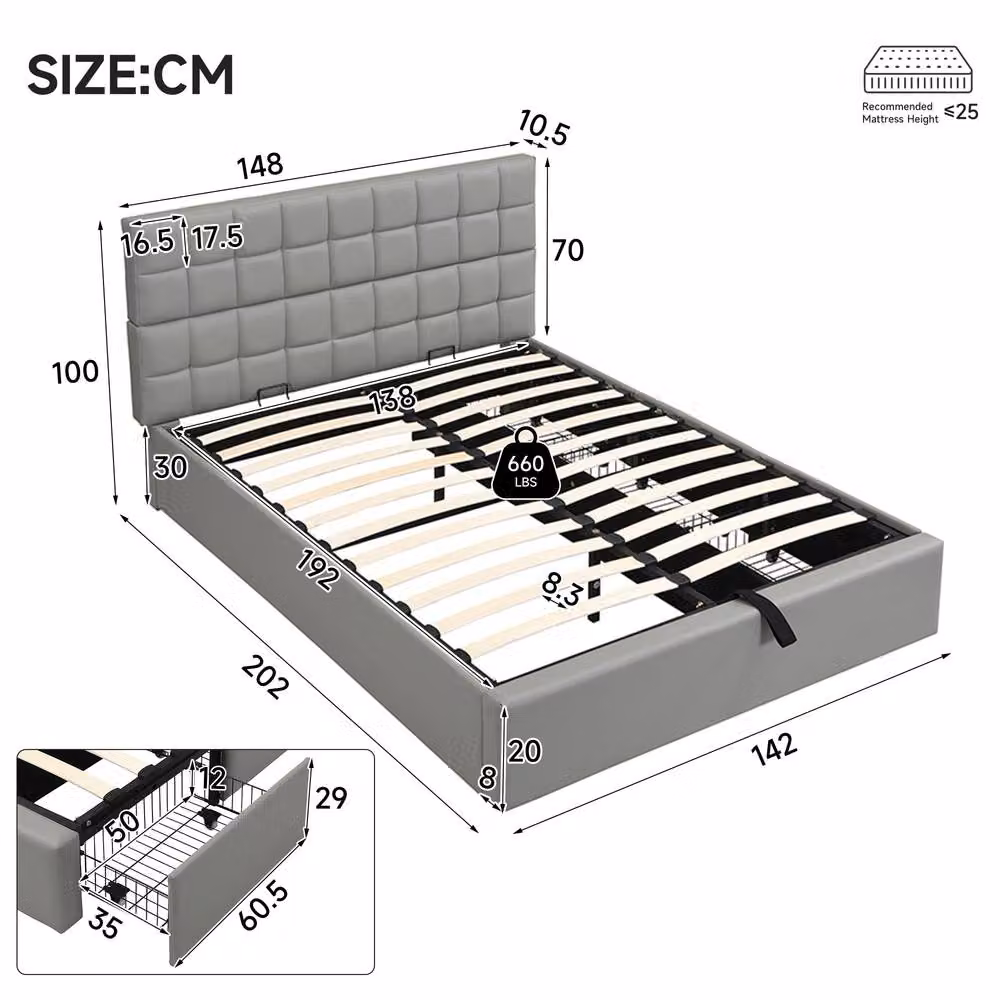 Rolipo Grey Upholstered Double Bed with Hydraulic Storage and Drawers, W/D/H: 135 x 190 x 137 cm – 2
