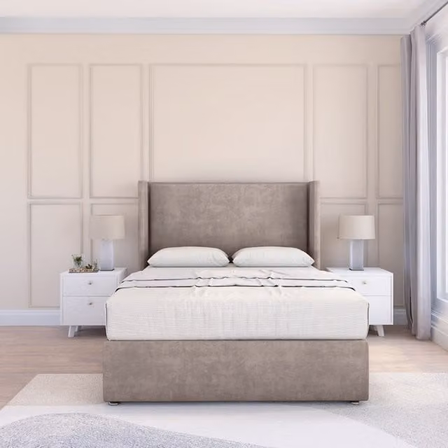 Sloomy Devonshire Plush Wingback Bed Set with 54 inch Floor Standing Headboard in Beige, W/D/H: 120 x 200 cm