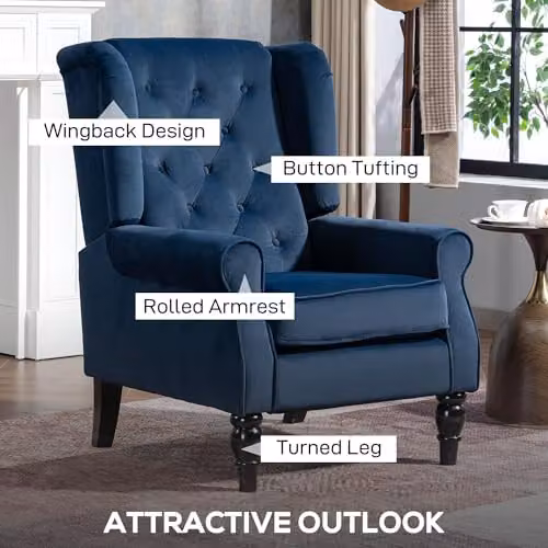 HOMCOM Retro Wingback Accent Chair in Blue Velvet with Solid Wood Frame, W/D/H: 74.0 x 102.0 x 86.0 cm – 3