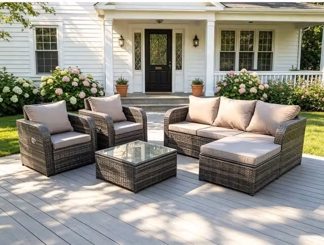 Fimous 6 Seater L-Shape PE Wicker Rattan Garden Furniture Set in Grey with Upholstered Cushions, Outdoor 2 Seater Sofa, Lounge Armchairs, Ottoman and Coffee Table
