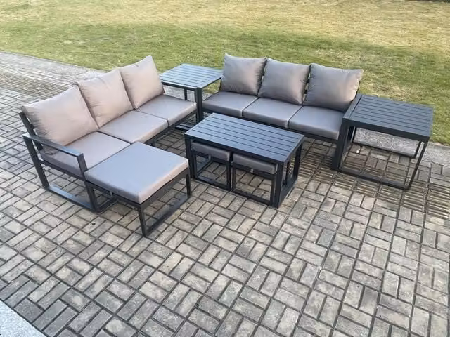 Fimous 9 Seater Aluminium Garden Furniture Set in Dark Grey with Coffee Table, 3 Footstools and 2 Side Tables